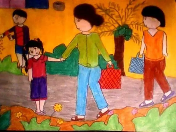Tranh vẽ em và mẹ đi chợ