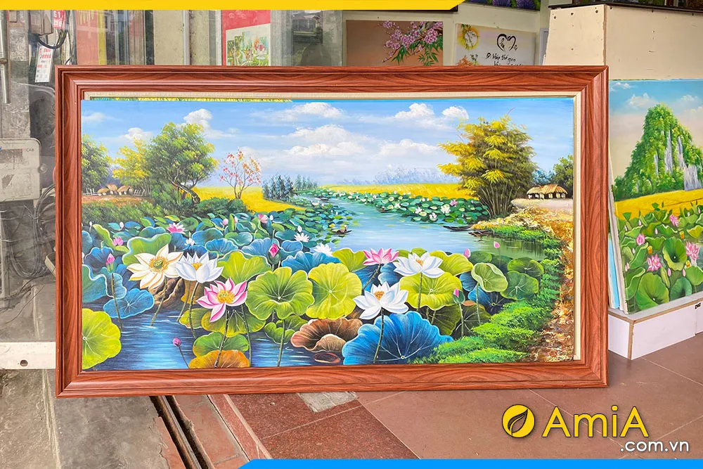 Tranh vẽ hồ sen phong cảnh làng quê vẽ bằng chất liệu sơn dầu mã AmiA TSD 656