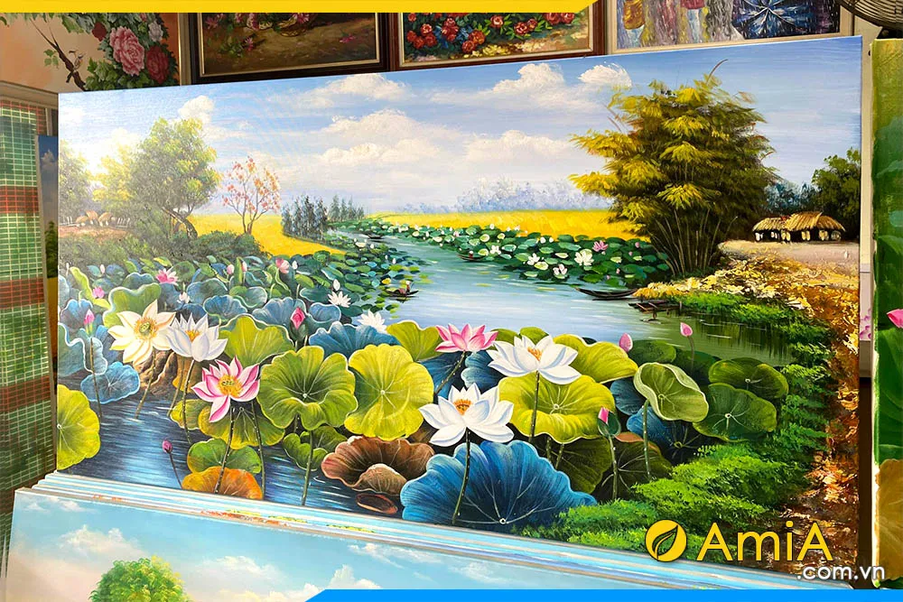 Tranh vẽ hồ sen sơn dầu khổ ngang phù hợp trang trí phía trên ghế sofa phòng khách