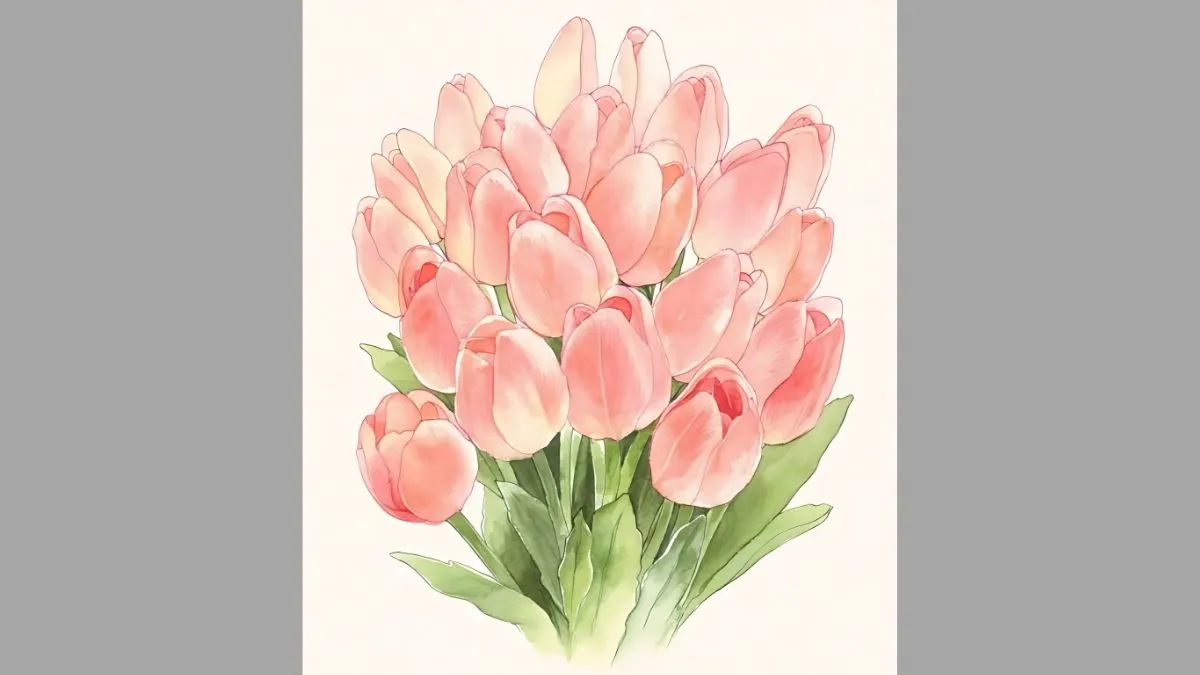 Tranh vẽ hoa đẹp với búp hoa tulip hồng dịu dàng phù hợp để trang trí không gian sống