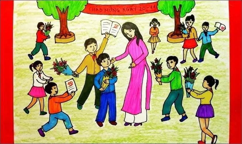 Tranh vẽ học sinh tặng hoa tri ân cô giáo ngày 20 11