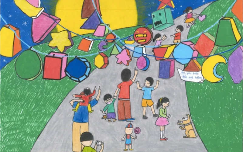 Tranh vẽ khung cảnh rước đèn nhộn nhịp trên đường phố của trẻ em