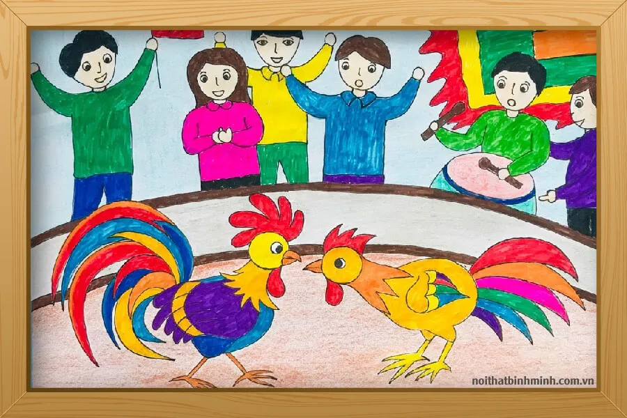 Tranh vẽ lễ hội chọi gà với những chú gà dũng mãnh và người xem đông đúc