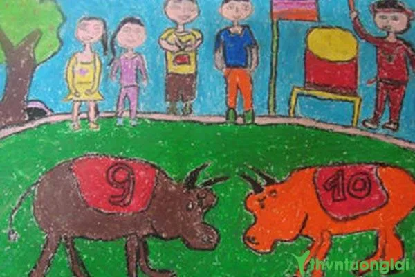 Tranh vẽ lễ hội chọi trâu ngày Tết