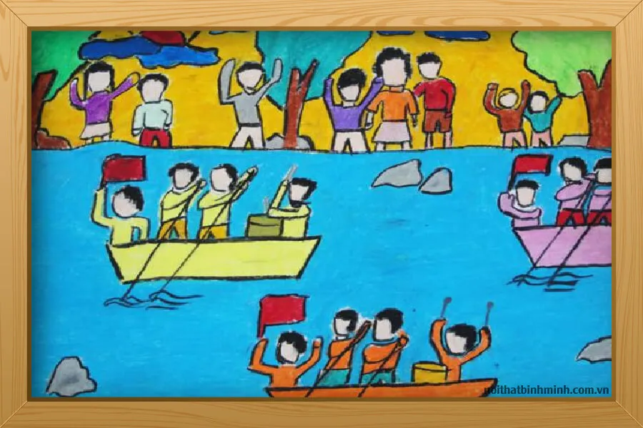 Tranh vẽ lễ hội đua thuyền nhìn từ xa với bố cục hài hòa ấn tượng