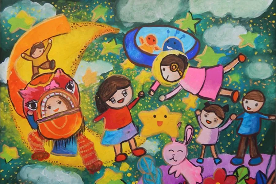 Tranh vẽ mâm cỗ Trung thu đầy đủ các loại bánh kẹo truyền thống