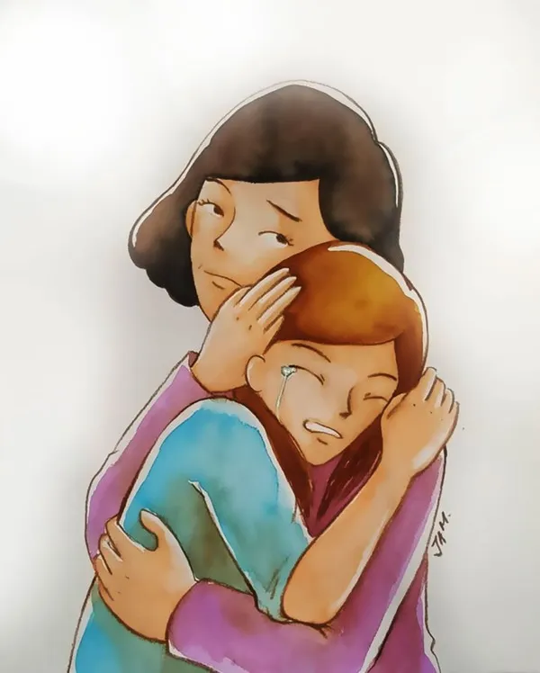 Tranh vẽ mẹ an ủi khi con khóc cảm động