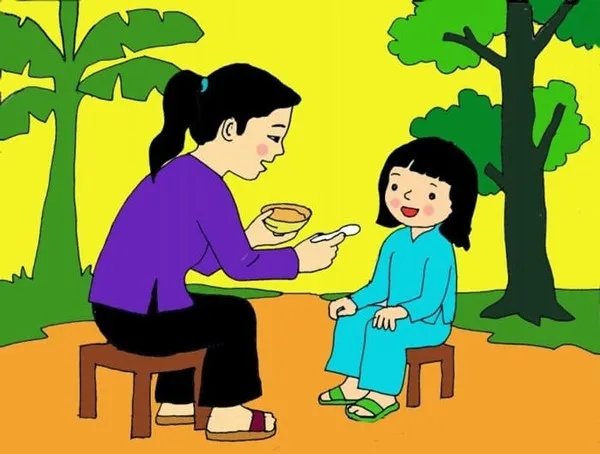 Tranh vẽ mẹ bón cơm cho con ăn