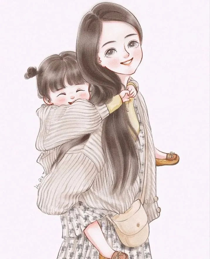 Tranh vẽ mẹ cõng con cười hạnh phúc