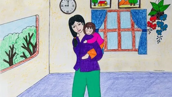 Tranh vẽ mẹ cõng em, dỗ dành em