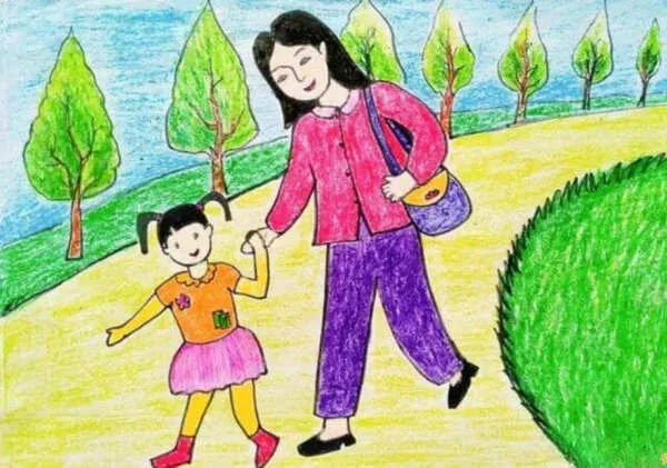 Tranh vẽ mẹ dắt tay em
