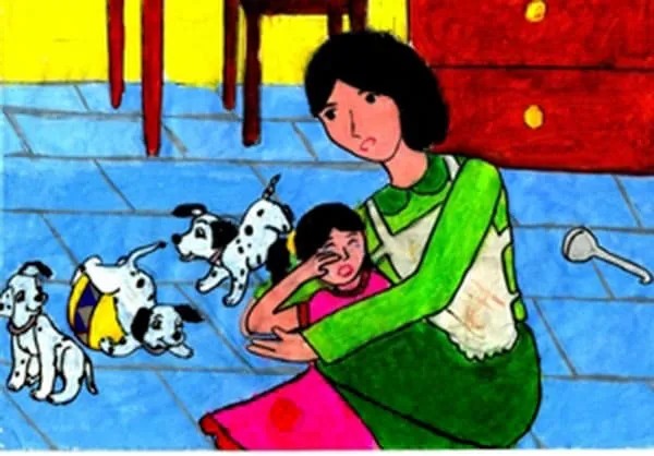 Tranh vẽ mẹ dỗ em khóc nhè