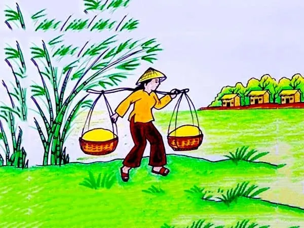 Tranh vẽ mẹ gánh lúa