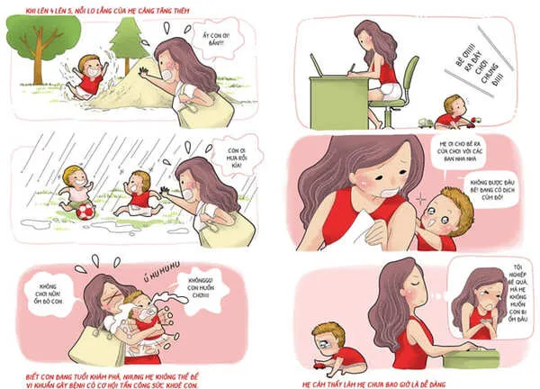 Tranh vẽ mẹ lo lắng, chăm sóc con từng miếng ăn, giấc ngủ