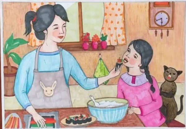 Tranh vẽ mẹ nấu cơm, bón cho con ăn