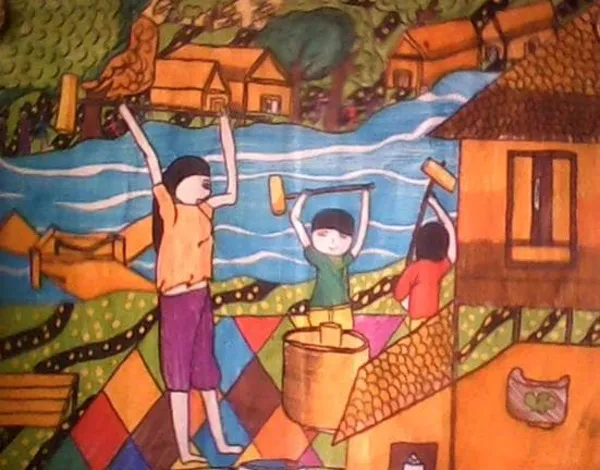 Tranh vẽ mẹ và con cùng giã gạo