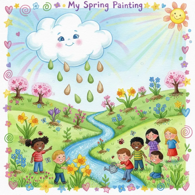 Tranh vẽ mùa xuân của em đầy màu sắc sống động và vui tươi