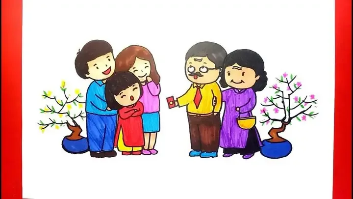 Tranh vẽ ngày tết đơn giản: Đi chùa cầu may đầu năm