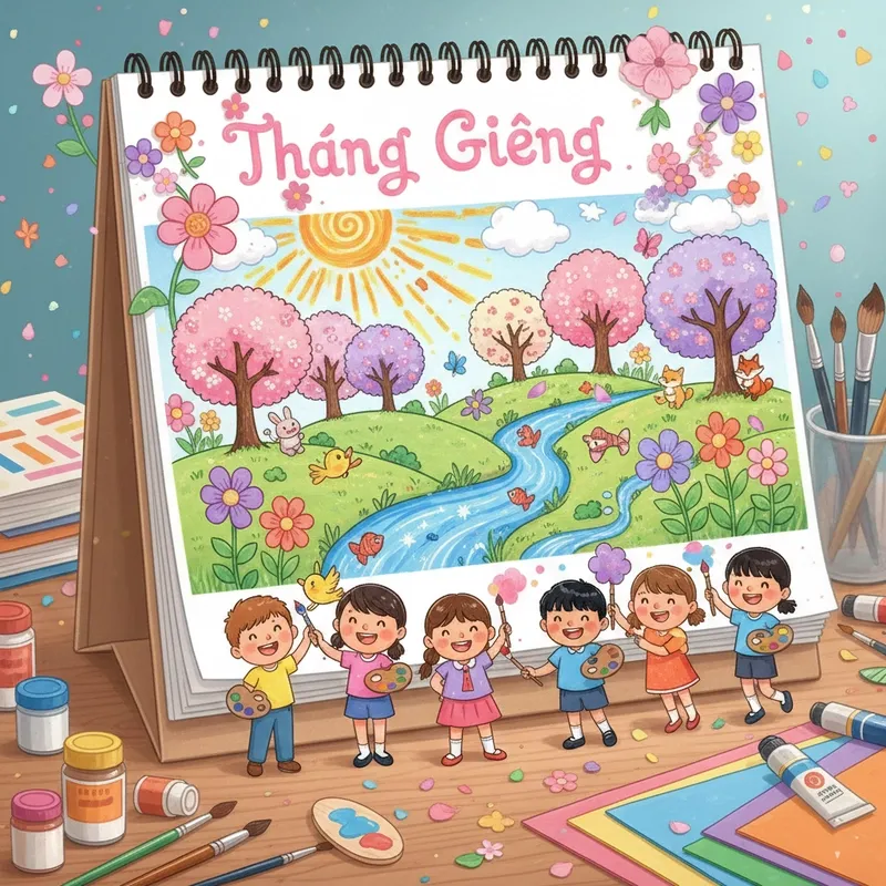 Tranh vẽ ngày tết và mùa xuân đơn giản phù hợp cho học sinh nhỏ