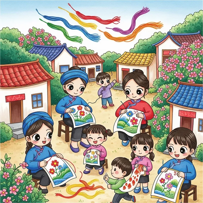 Tranh vẽ nghề dệt chiếu nông thôn Việt Nam yên bình