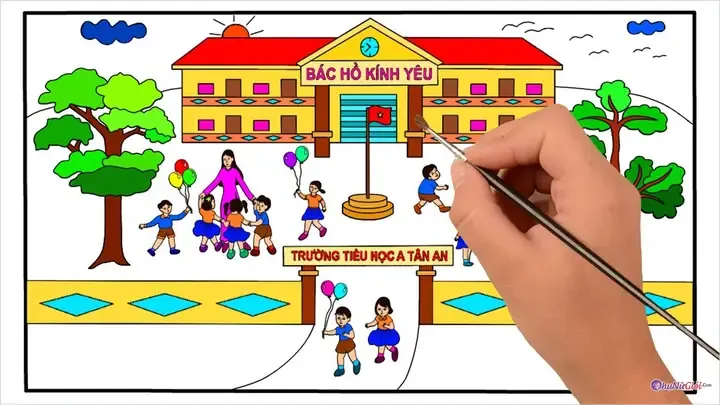 Tranh vẽ ngôi trường hạnh phúc tràn đầy tiếng cười