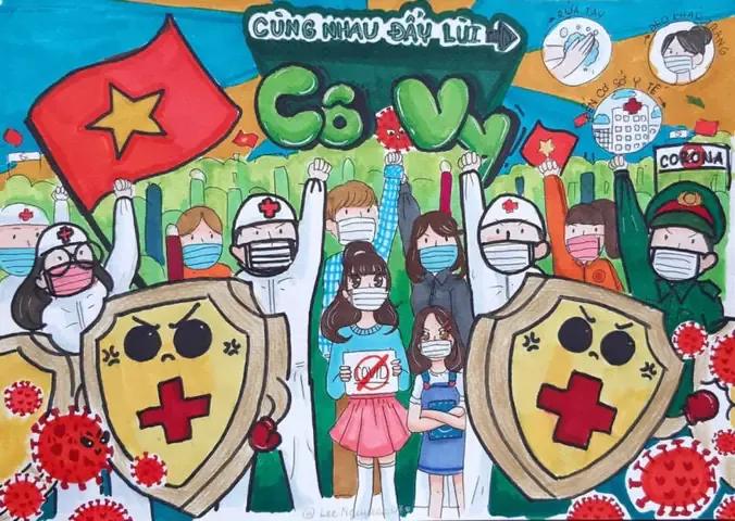 Tranh vẽ người dân đeo khẩu trang đoàn kết chống dịch bệnh bảo vệ quê hương