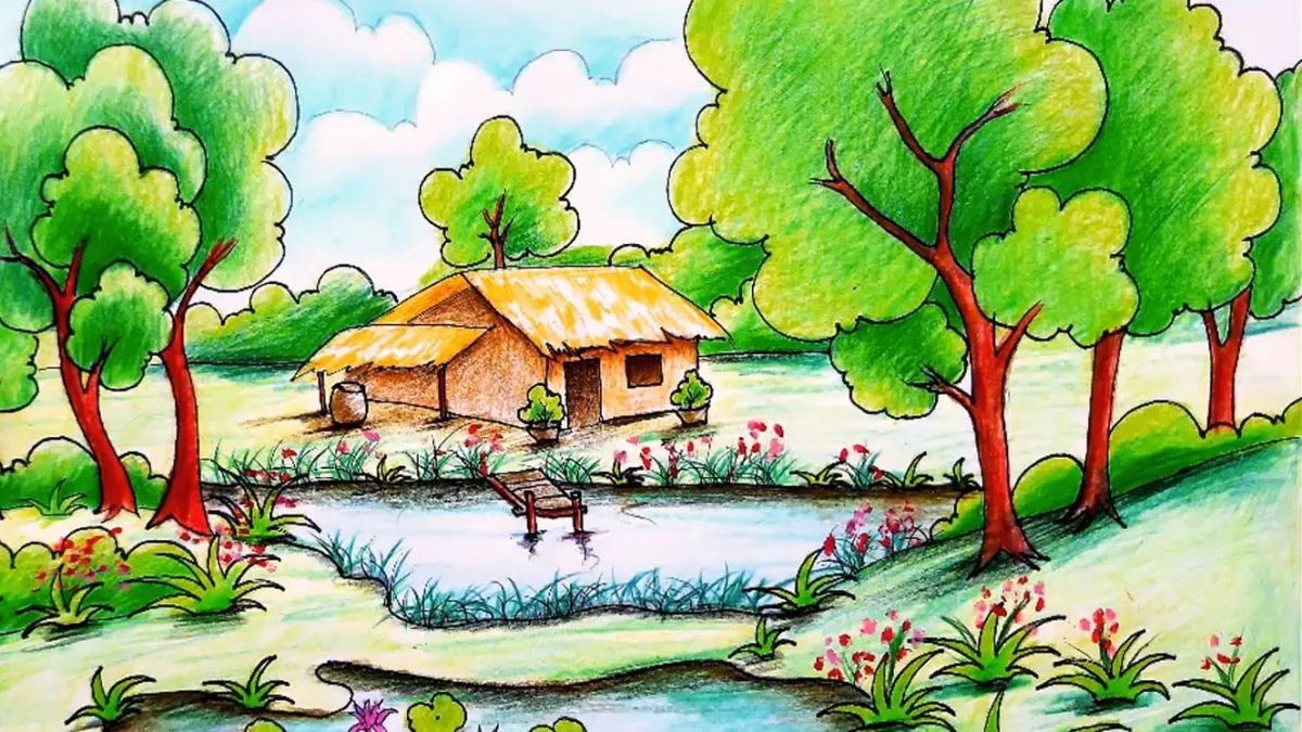 Tranh vẽ quê hương dễ nhất với hình ảnh cây và nhà