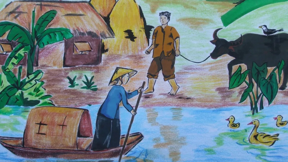 Tranh vẽ quê hương đơn giản phong cảnh cánh đồng hoa