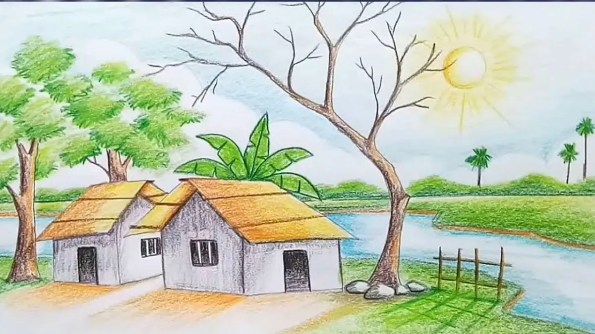 Tranh vẽ quê hương đơn giản phong cảnh miền núi