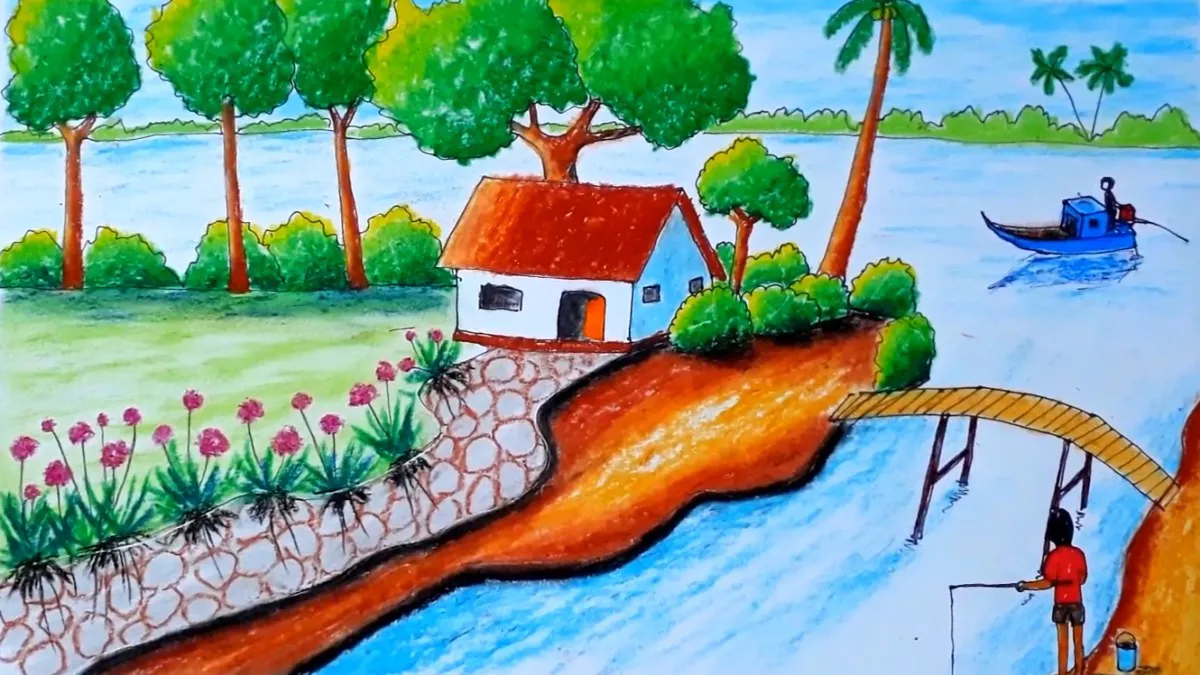 Tranh vẽ quê hương đơn giản phong cảnh mùa lúa chín