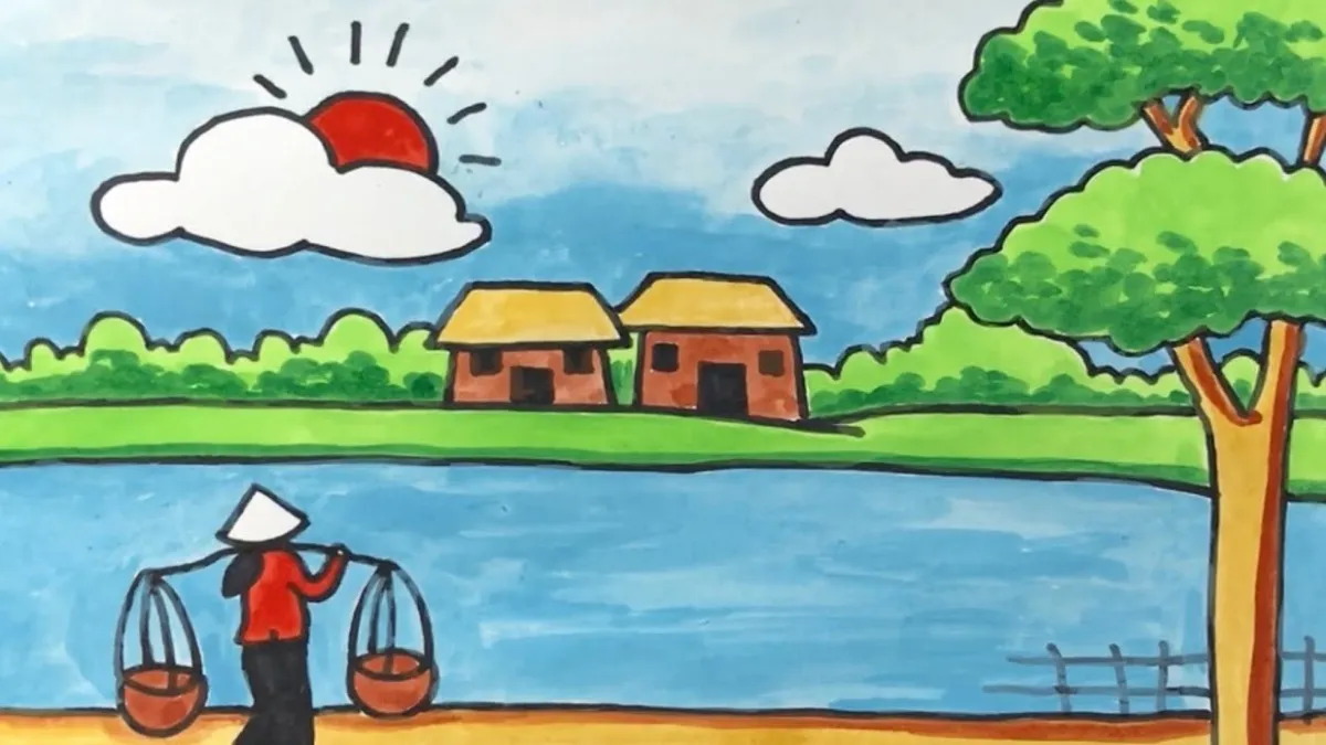 Tranh vẽ quê hương đơn giản phong cảnh ven sông