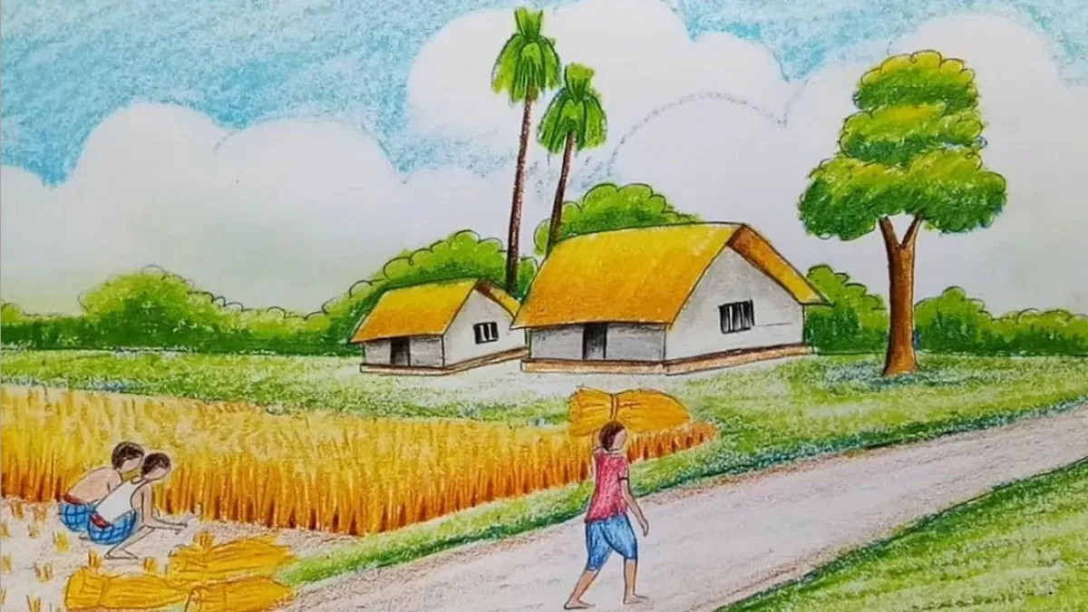 Tranh vẽ quê hương đơn giản với bầu trời và mây