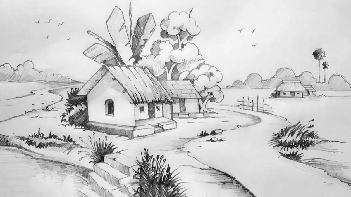 Tranh vẽ quê hương đơn sắc với hình ảnh con trâu