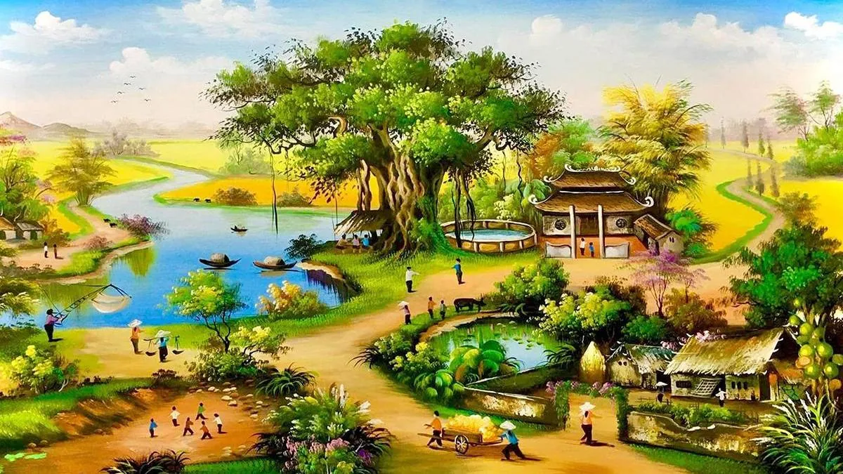 Tranh vẽ quê hương với hình ảnh con đường làng quen thuộc