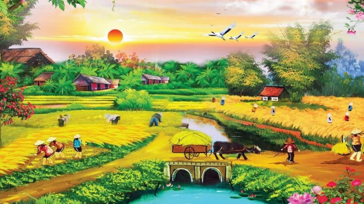 Tranh vẽ quê hương với hình ảnh mái nhà tranh đơn sơ