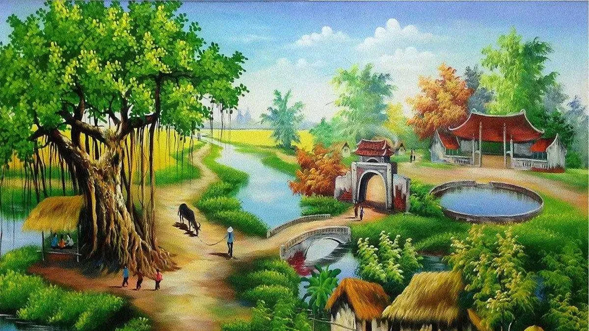 Tranh vẽ quê hương với phong cảnh mùa thu tĩnh lặng
