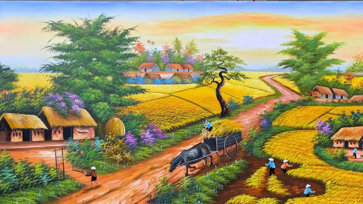 Tranh vẽ quê hương với phong cảnh mùa xuân tươi mới