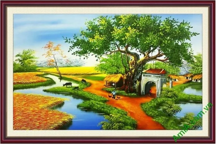 Tranh vẽ sơn dầu phong cảnh làng quê đem đến không gian đầy tươi mới cho căn phòng