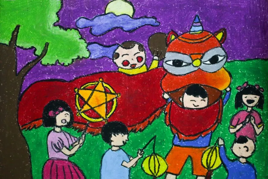 Tranh vẽ Trung thu với chủ đề múa lân độc đáo và vui nhộn