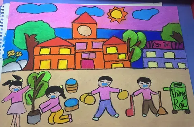 Tranh vẽ trường học của em đầy niềm vui