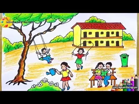 Tranh vẽ trường học đẹp như trong truyện cổ tích