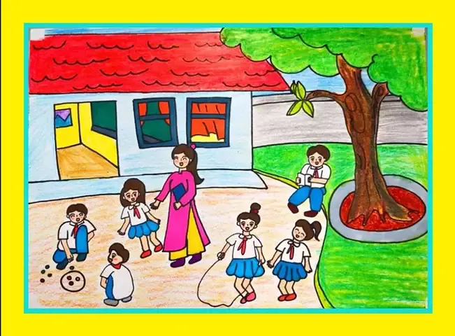 Tranh vẽ trường học rực rỡ dưới nắng vàng