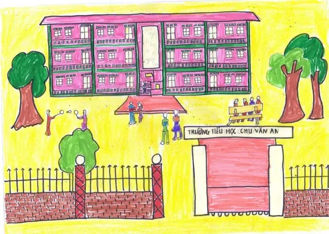 Tranh vẽ trường học với nhiều hoạt động vui chơi
