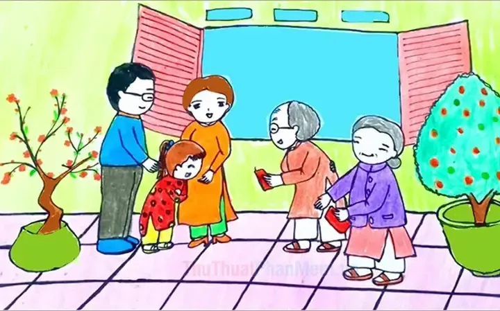 Tranh vẽ về đề tài gia đình hạnh phúc với màu sắc rực rỡ và ấm cúng