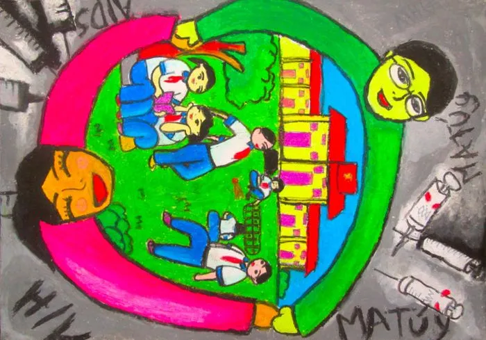 Tranh vẽ về phòng chống ma túy kết hợp thông điệp cảnh báo