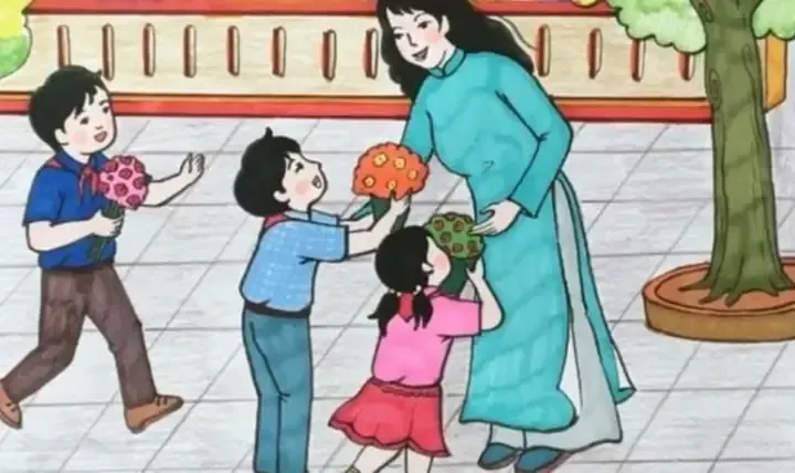 Trẻ em cùng nhau hoàn thiện tranh vẽ về ngày 20 11 để dành tặng thầy cô giáo