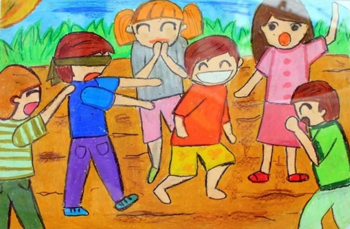 Trò chơi bịt mắt bắt dê trong tranh vẽ cuộc sống thường ngày của thiếu nhi