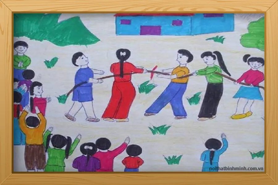 Trò chơi kéo co trong lễ hội được học sinh thể hiện qua nét vẽ vui nhộn