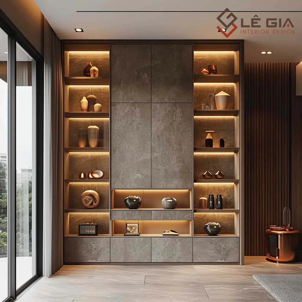 Tủ gỗ trưng bày với thiết kế ngăn kéo phía dưới tăng diện tích lưu trữ kín đáo