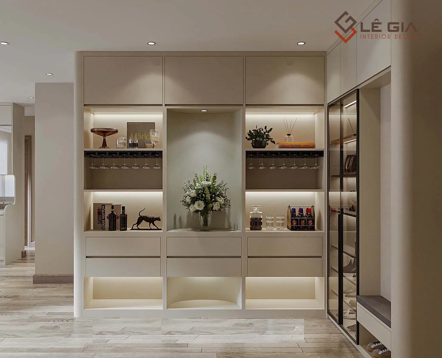 Tủ gỗ trang trí kết hợp kệ sách hiện đại với gam màu trắng xám thời thượng